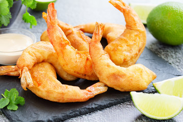 Shrimp fried in batter with sauce. - obrazy, fototapety, plakaty