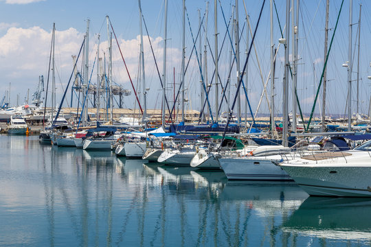 Boats and yachts moored off in marina of Larnaka, Cyprus
