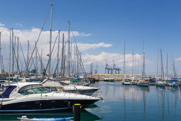 Fototapeta premium Boats and yachts moored off in marina of Larnaka, Cyprus