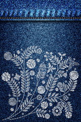 Silver lace flower embroidery on jeans or blue denim background design. Contemporary lace background ornamental floral background for wedding invitation. Decorative element for patches and stickers.