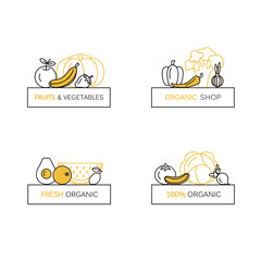 Vector set of logo design templates in line icon style for organic products - fruits and vegetables symbols.