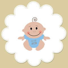 Baby boy in a round frame on a beige background. Vector illustration.