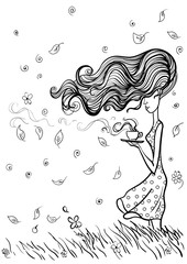 девушка с чашкой в ветреную погоду