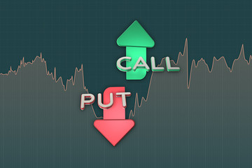 Put and call color arrows binary option chart on green. 3D illustration