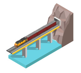Isometric train outdoor with mountains bridge colorful vector