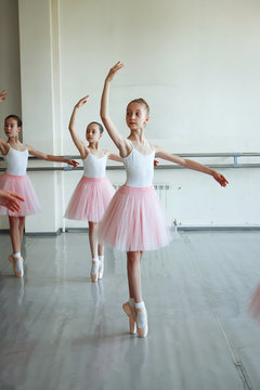 Cute little ballerinas in pink ballet costume and pointe shoes is dancing in the room. Kid in dance class. Child girl is studying ballet. Copy space.