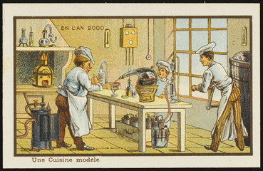 Futuristic automated kitchen. Date: 1899