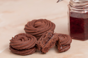 Chocolate viennesewhirls with red rose jam