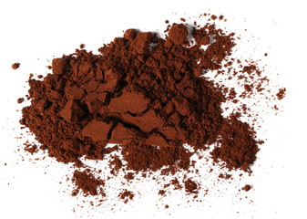 Pile of powdered, instant coffee isolated on white background, top view