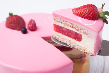 pink coconut dacquoise cake with strawberries