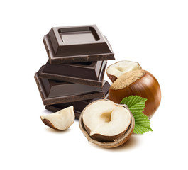 Hazelnut chocolate squares isolated on white