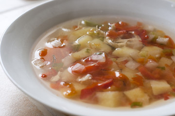 Healthy eating. Vegetable soup with chicken for lunch. homemade food
