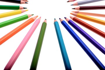Many colored pencils isolated on white background, place for text
