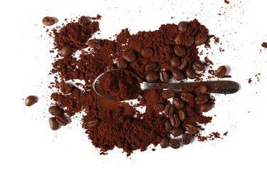 Fototapeta premium Pile of powdered, instant coffee, beans and metal spoon isolated on white background, top view