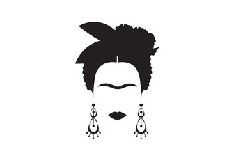portrait of Mexican or Spanish woman minimalist Frida with earrings and flowers , vector isolated