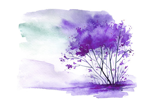 Watercolor vintage bush, a tree in purple, lilac color. Abstract spots, shore, sky, watercolor landscape.