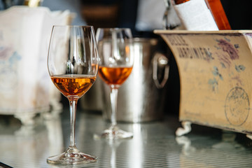 alcohol drinks in glasses on the table