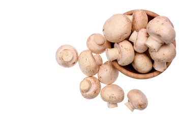 White mushrooms champignons lie in a wooden cup, isolated on a white background