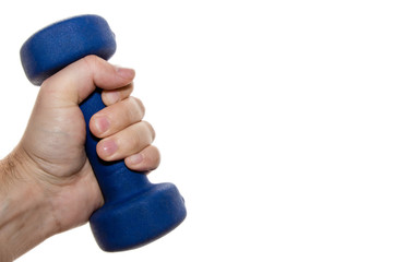 A Caucasian man holding a blue dumbbell isolated on a white background. This image can be used to represent strength or exercise. 