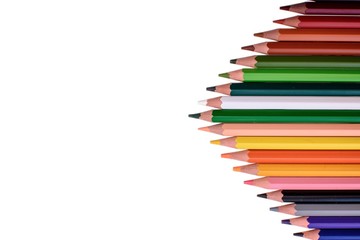 Many colored pencils isolated on white background, place for text