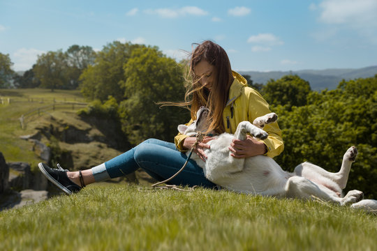 Junge Frau und sch&ouml;ner labrador retriever hund welpe sitzen nebeneinander auf einem sonnigen H&uuml;gel und kuscheln