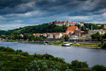 Fototapeta na wymiar Pirna city over the Elbe river in Saxon Switzerland, Germany
