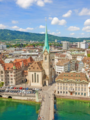 Minster Fraumunster with city center of Zurich, Switzerland - aerial view