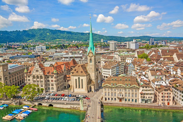 Minster Fraumunster with city center of Zurich, Switzerland - aerial view