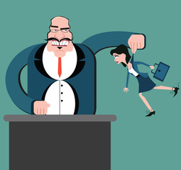 Discrimination of workers. Puppets business. Boss control employees. Businessman marionette. Flat design vector style. Holding woman office worker.