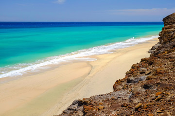 Beach with amazing water colors on Fuerteventura, Spain.