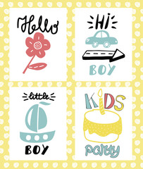 Four children s logo with handwriting. Hello little boy Kids party . 