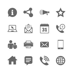 Set of Communication, Conference and Information icons. E-Mail, Printer and Internet signs. Speech bubble, Support and Phone call symbols. Isolated flat icons set on white background. Vector