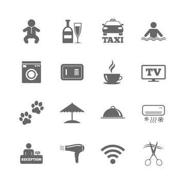 Set of Hotel services icons. Taxi, Wifi internet and Swimming pool signs. Coffee, Wine bottle and Air conditioning symbols. Isolated flat icons set on white background. Vector