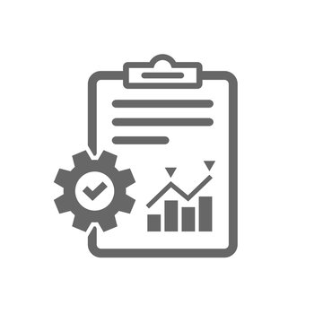 Project management icon. Report document with cogwheel symbol. File with charts symbol. Isolated flat icon on white background. Vector
