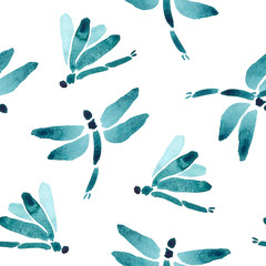 Cute Watercolor Seamless Pattern. Repetitive Texture with Isolated Colorfull Dragonfly Silhouette on White Background. Hand Drawn Bright Ornament