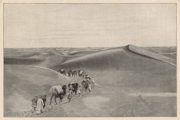 Camel train in Central Asian desert. Date: 19th century - 162279949
