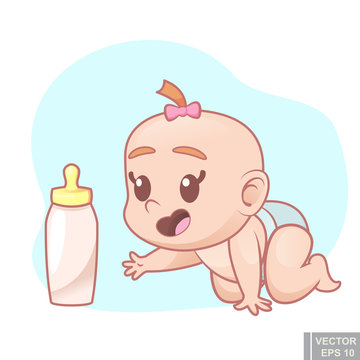 Cute cartoon crawling baby girl on all fours with milk bottle, vector illustration infant child