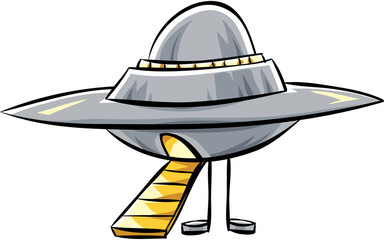 A cartoon, metal flying saucer with an open door and ramp extended.