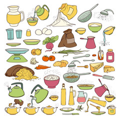 Vector colourful sketch collection set of food products, beverages and kitchen utensils. Brew tea and coffee, cooking pasta, pour olive oil and honey. Fresh vegetables, flour and grain in bag.