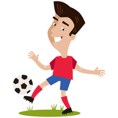 Smiling asian cartoon soccer player wearing red shirt and blue shorts playing football isolated on white background