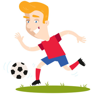 Smiling blond caucasian cartoon football player wearing red shirt and blue shorts running and kicking football isolated on white background