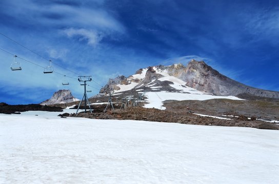 Mt. Hood in Oregon in August, after the upper lift to the still open snow field has been closed for the day. The longest ski season in the United States.