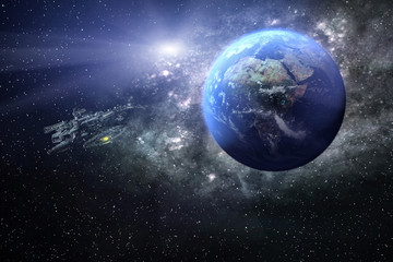 Obraz na płótnie Canvas 3D Raumschiff im Orbit. Ein Raumschiff kreist um die Erde. Dahinter ein astronomischer Nebel, Sternenhaufen und eine helle Sonne.