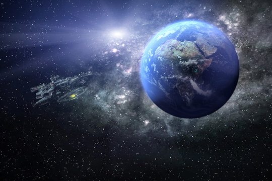 3D Raumschiff im Orbit. Ein Raumschiff kreist um die Erde. Dahinter ein astronomischer Nebel, Sternenhaufen und eine helle Sonne. © gani_dteurope