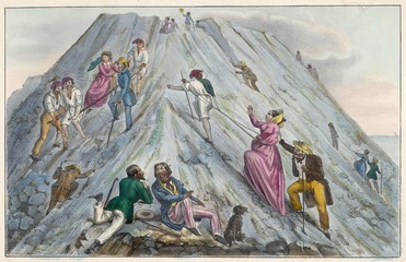 Fototapeta premium Tourists on Vesuvius. Date: circa 1840