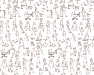 Vector sketch seamless pattern of illustrations walking urban residents. Children and adults on the street in the city. Working porters, schoolgirl, woman with the kids and other characters.