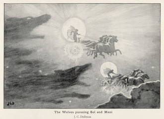 Wolves Skoll and Hati chase the Sun and Moon