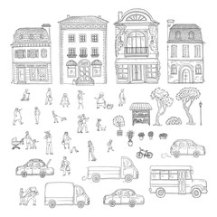 Vector set sketch illustration urban street in the historic European city, trucks and cars. Kit of outdoor plants and flowers, working porters and schoolgirl, woman with kids and other characters.