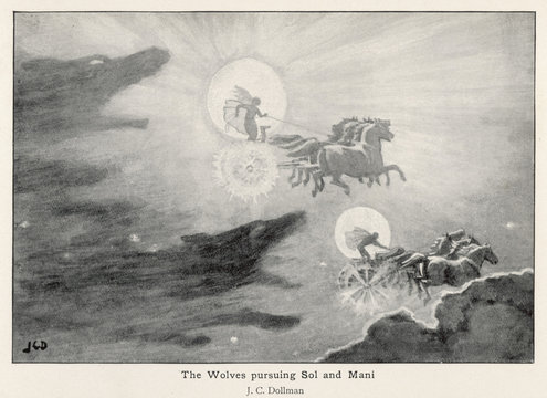 Wolves Skoll and Hati chase the Sun and Moon