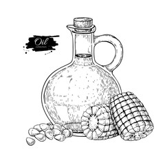 Bottle of corn cooking oil. Vector Hand drawn illustration. Glass pitcher vintage